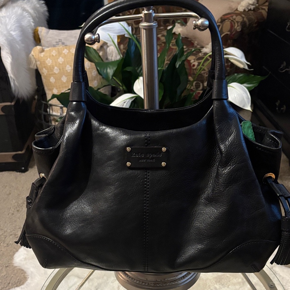 kate spade Black Leather Hobo with Gold Plaque